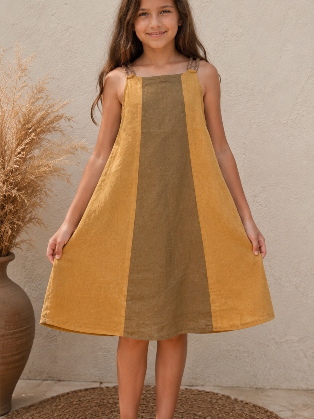 Two-Tone Mustard Brown A-Line dress